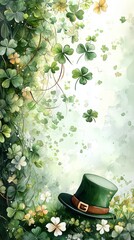 St. Patrick’s Day , St. Patrick’s Day posters, Watercolor St. Patrick’s Day background with shamrocks, green hues, and leprechaun’s hat for St. Patrick’s Day invitations