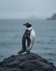 Naklejka premium A penguin standing on a rock by the sea