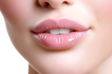 Fototapeta premium Woman's plump pink lips and smooth skin closeup. Beauty treatment and skincare concept. Lip augmentation and facial rejuvenation procedure. Cosmetic industry image.