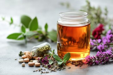 Fototapeta premium Herbal Infusion with Bottled Ingredients and Medicinal Pills on a Natural Background