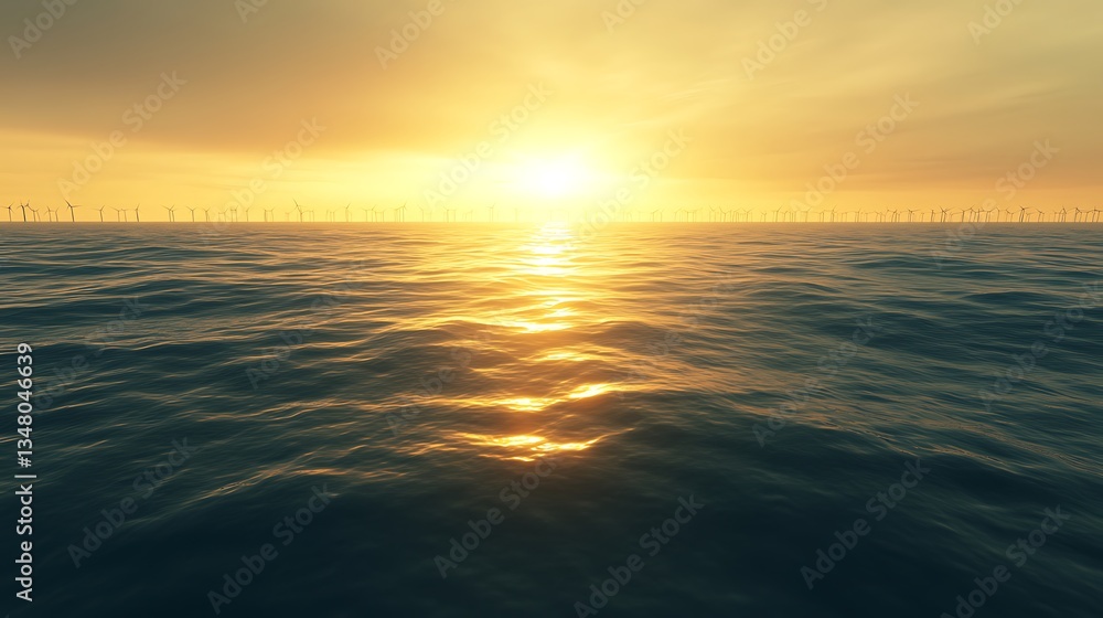 Poster sunset over calm waters with wind turbines on the horizon creating a peaceful atmosphere.