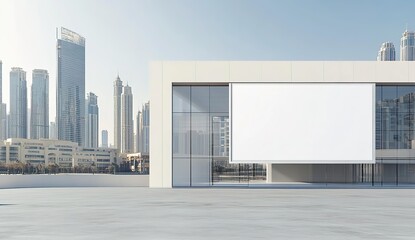 Obraz premium Modern building with a large blank billboard, centered composition, soft daylight, city skyline background