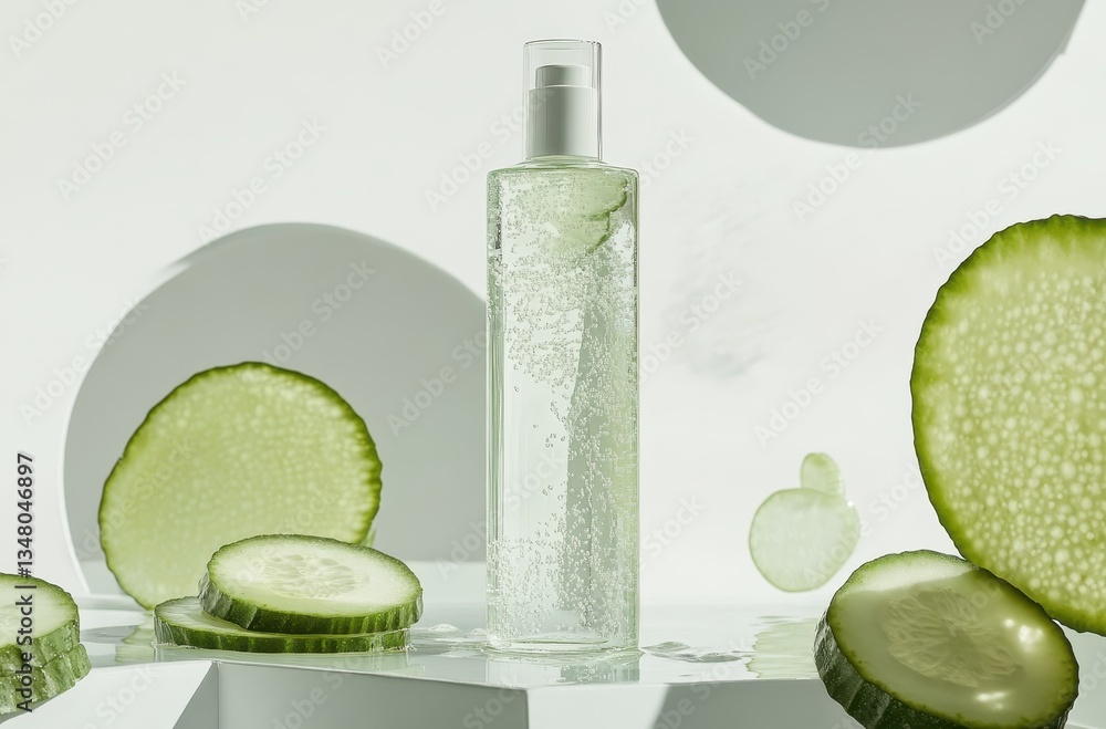 Poster refreshing cucumber water bottle with fresh cucumber slices on a minimalistic white background showc