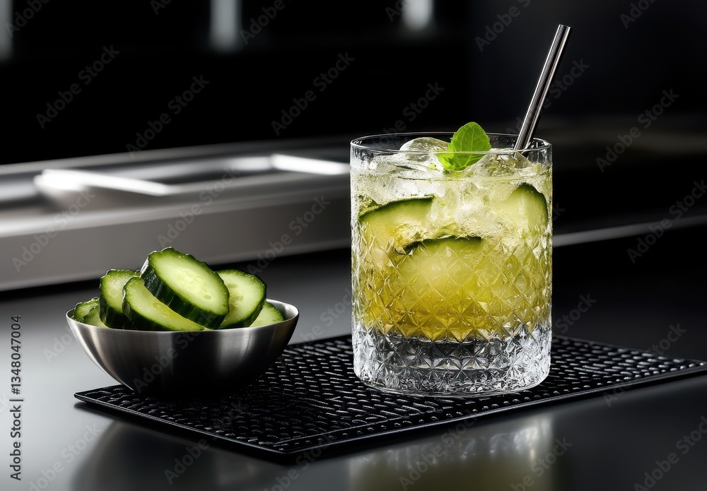 Poster refreshing cucumber-based cocktail with mint and ice in a vintage glass on a dark surface with slice
