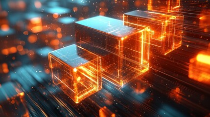 Abstract glowing boxes on a platform with bokeh background