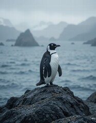 Naklejka premium A penguin standing on a rock by the sea