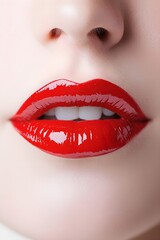Obraz premium Woman with bright red glossy lipstick on plump lips. Close-up of female mouth. Glamorous makeup for beauty salon advertisement. Cosmetic industry concept.