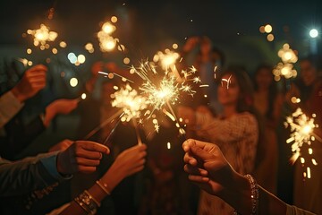 Premium Quality Image of Crowd Holding Sparklers at Celebration with Bride and Groom