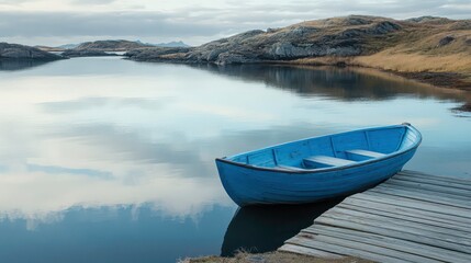 Old blue wooden boat resting on a dock beside calm water in a serene natural setting