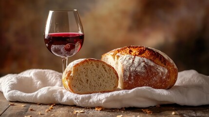 Symbolic Last Supper elements with warm directional lighting.

