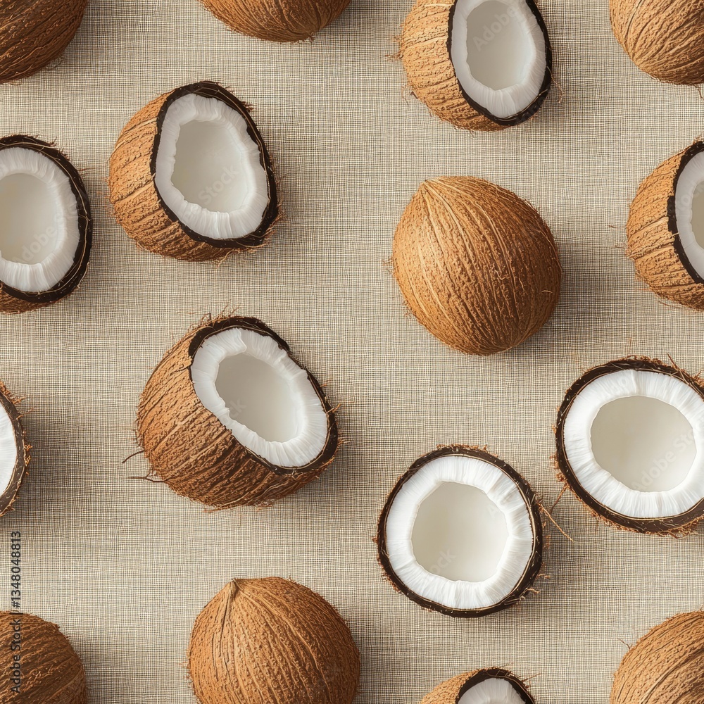 Aufkleber overhead view of whole and halved coconuts arranged in a repeating pattern on a soft beige linen bac