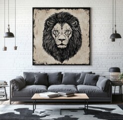 Powerful lion portrait on a textured canvas, displayed in a modern living room