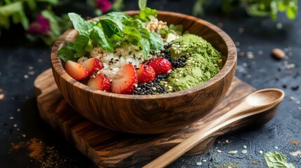 Savoring the Vibrant Essence of Instant Matcha Green Tea in a Wooden Bowl