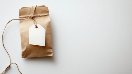 Blank Label on Brown Paper Bag, Minimalist, Gift Packaging, White Background