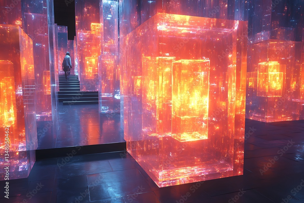Poster a shiny cube maze with unpredictable reflections.