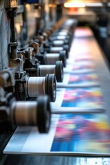 Naklejka premium Industrial printing press, colorful paper sheets, close-up shot, uniform lighting, industrial machinery