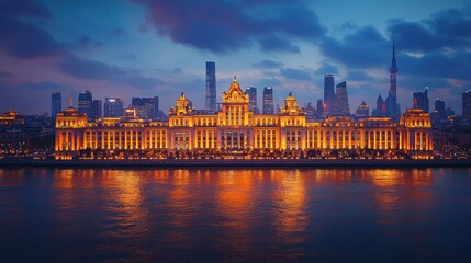 Naklejka premium Shanghai's Illuminated Waterfront at Dusk: A Breathtaking Panoramic View