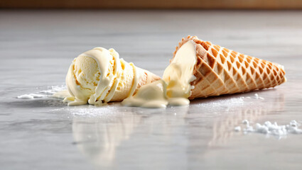 Fallen melted ice cream spills on the ground floor. Spilling vanilla ice cream cone. Dropping ice cream on the floor. Spilled ice cream lying on a floor surface