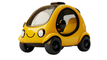 Yellow Cartoonish Car with Round Design and Friendly Smiling Face on Transparent Background with Modern Shape and Playful Design