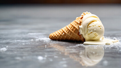 Fallen melted ice cream spills on the ground floor. Spilling vanilla ice cream cone. Dropping ice cream on the floor. Spilled ice cream lying on a floor surface
