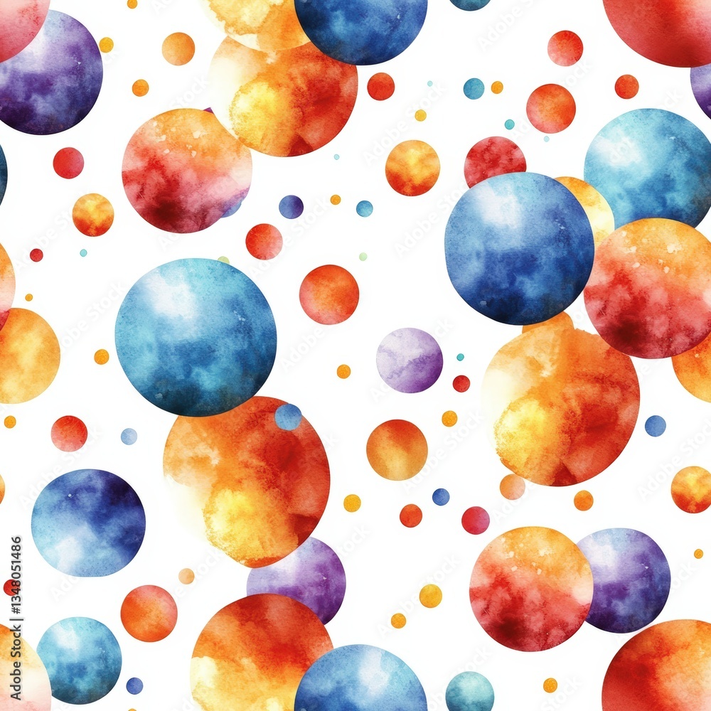 Poster watercolor seamless pattern with playful colorful spheres of varying sizes scattered on a clean whit