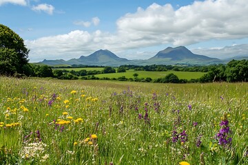 Lush Green Meadow with Wildflowers in Full Bloom