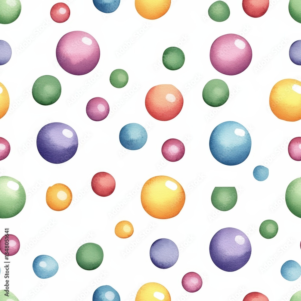 Poster seamless pattern of colorful glossy spheres in varying sizes on white background rendered in vibrant