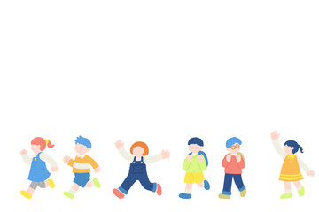 楽しそうに走るこども達のフラットなイラスト(セット)
