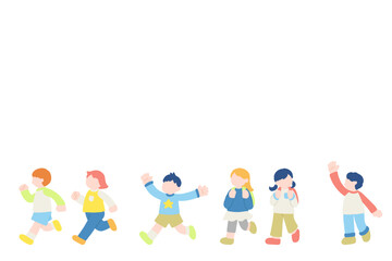 楽しそうに走るこども達のフラットなイラスト(セット)