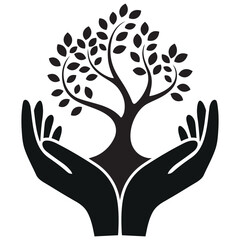  Tree of Life in Hands , Symbol of Growth and Care,  Nature Logo Design, Tree And Hands silhouette vector.