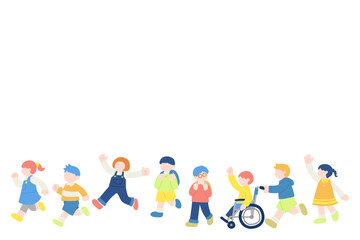 楽しそうに走るこども達のフラットなイラスト(セット)
