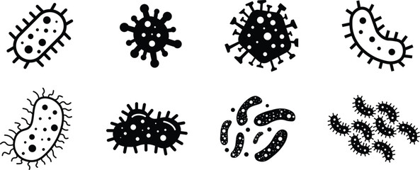 Set of germs, bacteria and virus icon. Flu virus cells biological microbes amoeba epidemiology bacteria disease cell. Microbiome organism. Disease, ill, pathogen concept