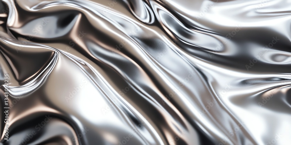 Poster Abstract Shiny Silver Fabric Background with Elegant Draping and Reflective Texture