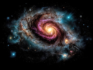 A stunning spiral galaxy swirls with brilliant colors in the vastness of space, while a distant spacecraft ventures through the stellar expanse, exploring the universe's wonders.