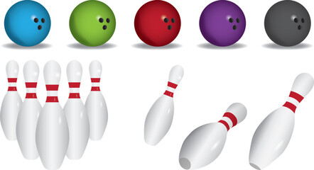 Sheet containing multiple colors of bowling ball and bowling pin illustrations