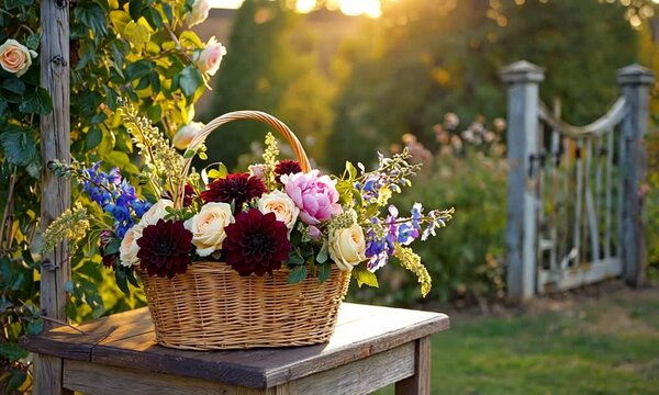 A rustic wicker basket brimming with vibrant flowers sits on a weathered wooden table outdoors.