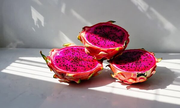 Three vibrant red dragon fruit halves artfully arranged on a bright white surface.