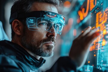 High-Tech Professional Using Augmented Reality Glasses for Data Analysis in Modern Workspace
