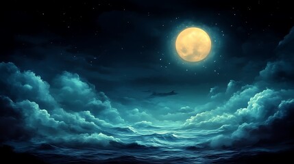 Nighttime Ocean Scene Underneath A Full Moon