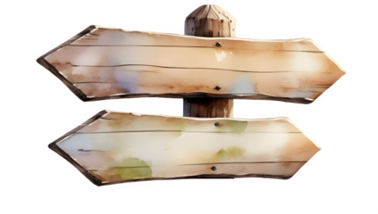 A rustic wooden signpost with two blank directional arrows pointing in opposite directions.Rustic Wooden Signpost  The aged wood has a weathered appearance with visible knots and slight discoloration.