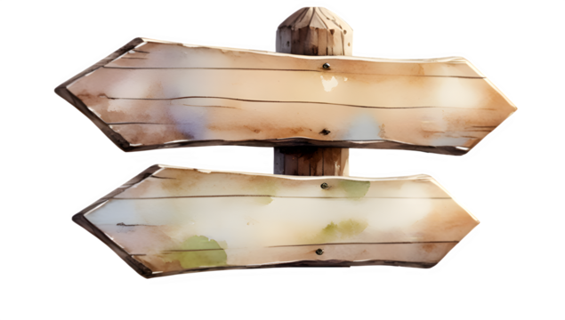 A rustic wooden signpost with two blank directional arrows pointing in opposite directions.Rustic Wooden Signpost  The aged wood has a weathered appearance with visible knots and slight discoloration.