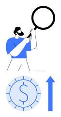 Man holding magnifying glass examining financial growth symbolized by coin and upward arrow. Ideal for analytics, success, progress, finance, economy, strategy, investment. Flat simple metaphor