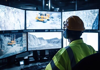 Worker operating multiple computer monitors, mining operation on screens, control room, industrial setting