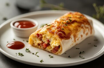 Savory Breakfast Burrito with Cheddar Cheese, Bacon, and Fresh Herbs Served with Spicy Tomato Sauce on a White Plate in a Culinary Setting