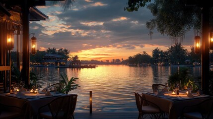 Fototapeta premium Romantic Sunset Dinner by the Lake