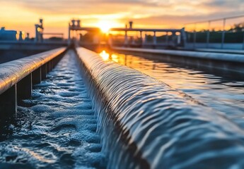 Water flowing from pipes, sunset background, golden light, close-up shot, industrial and nature