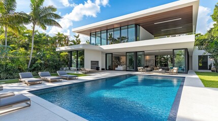 Fototapeta premium Luxury Modern Home with Pool and Lush Tropical Landscaping