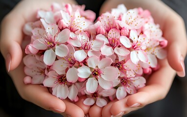 Closeup of female hands cradling a heartshaped cherry blossom arrangement