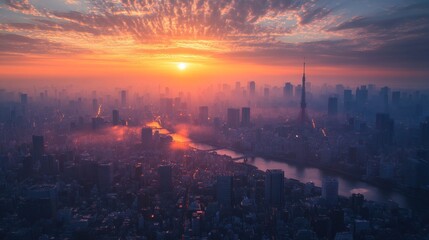 Obraz premium Tokyo Sunrise: A City Awakens in Golden Hues