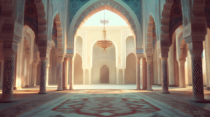 Obraz premium Sunlit interior of a grand mosque. Ornate columns and arches create a serene atmosphere. A magnificent chandelier hangs from the high ceiling. Peaceful and majestic.